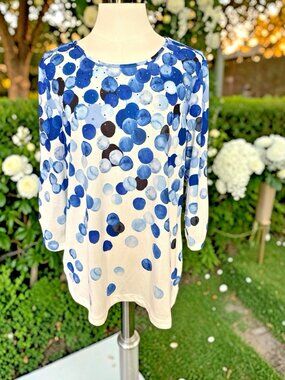 Alison Daley White/Blue Watercolor Dot-Print Top-Size Medium-NWT